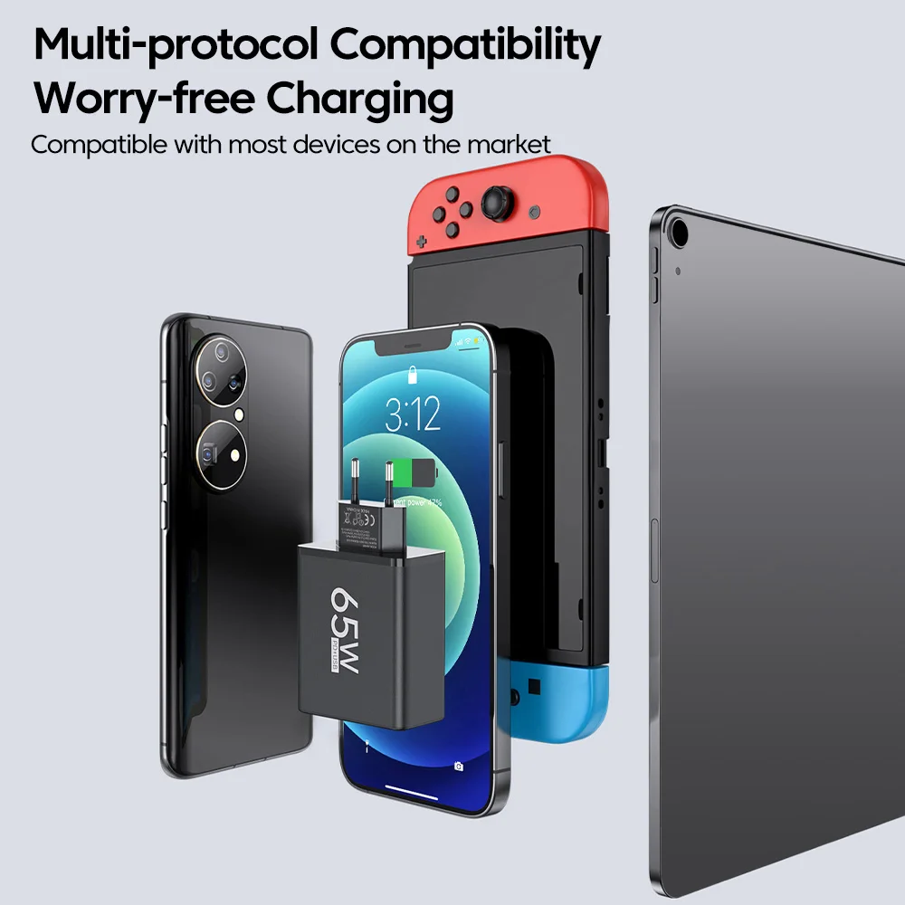 Адаптер Быстрой Зарядки USB-C Мощностью 65 Вт. 6-портовое Зарядное Устройство.