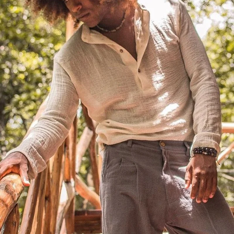 Men Shirt Top Summer Solid Color Loose Pullover Shirt Men Long Sleeve Single-Breasted Stand Collar Shirt Cotton and Linen Shirt