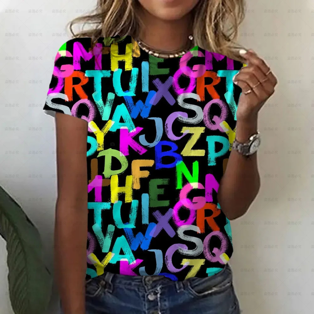 

Футболка в стиле Харадзюку, женская летняя Пижама с коротким рукавом, рубашка с круглым вырезом и цифровой надписью 3d, женская футболка, удо...
