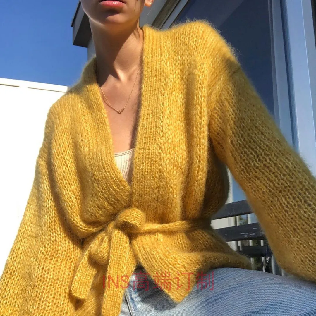 Женский свитер из мохера на шнуровке мягкий ленивый универсальный вязаный