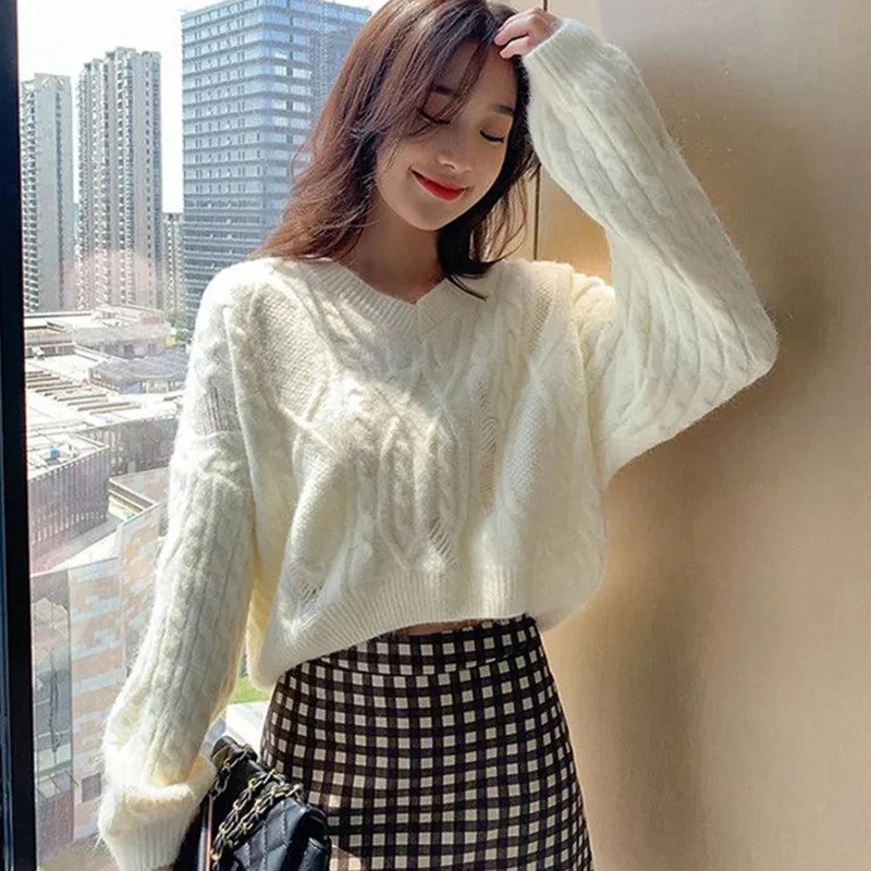 

Ladies Fashion Autumn Winter Elegant Chic Hole Pullover Sweater Women Korean Sweet V-neck Long Sleeve Cropped New Style Knitted