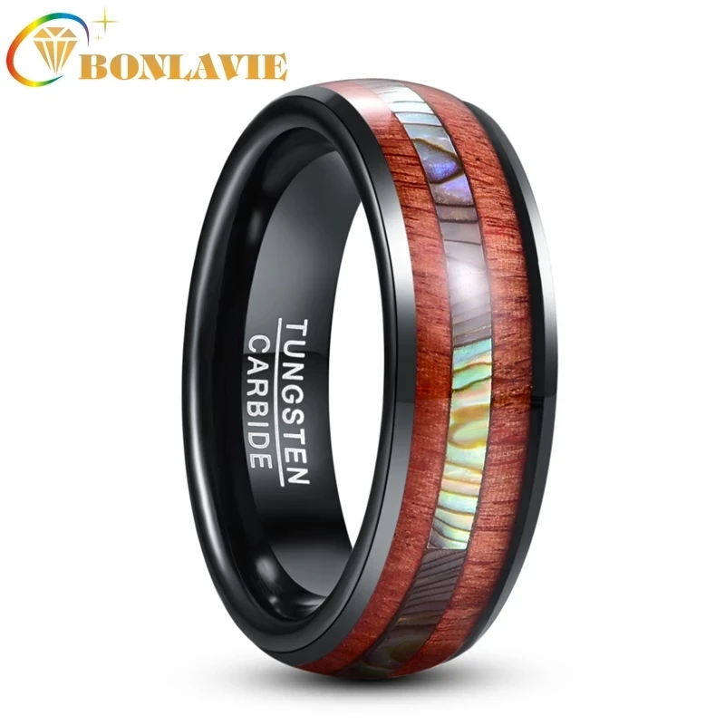 

BONLAVIE 8mm Tungsten Carbide Ring Black Inlaid Wood Grain Abalone Shell Dome Ring Men's Fashion Wedding Jewelry Best Gift