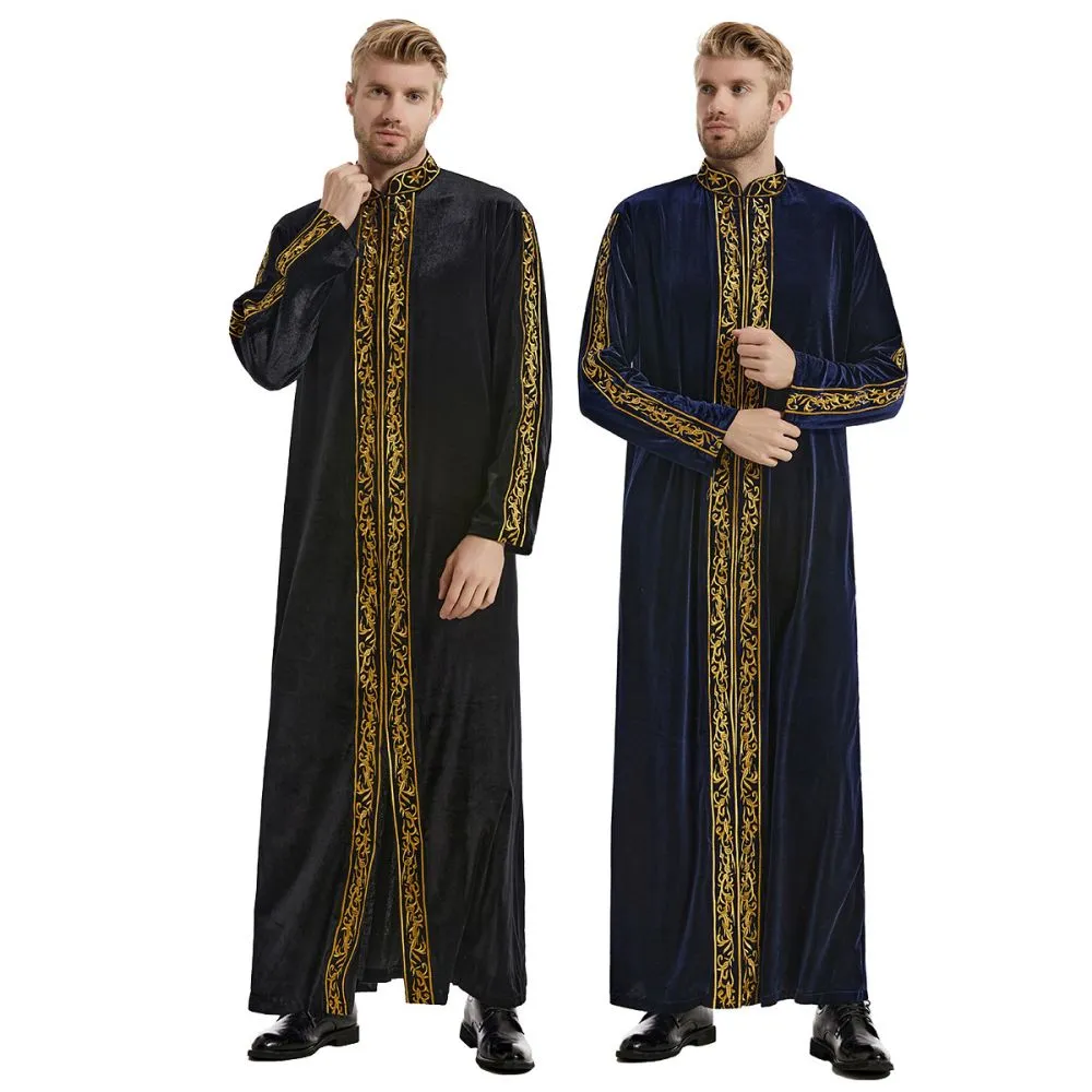 Middle East Muslim Gold Velvet Embroidery Men's Robe Arabian Islamic Prayer Dress National Costume Noble Luxury Long-sleeved Top