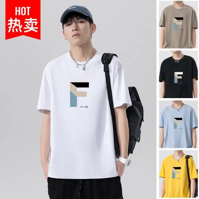 

Summer Men's Solid Color Alphabet Pattern Short-Sleeve Round Colar Cotton Blend Loose T-Shirt ABD454