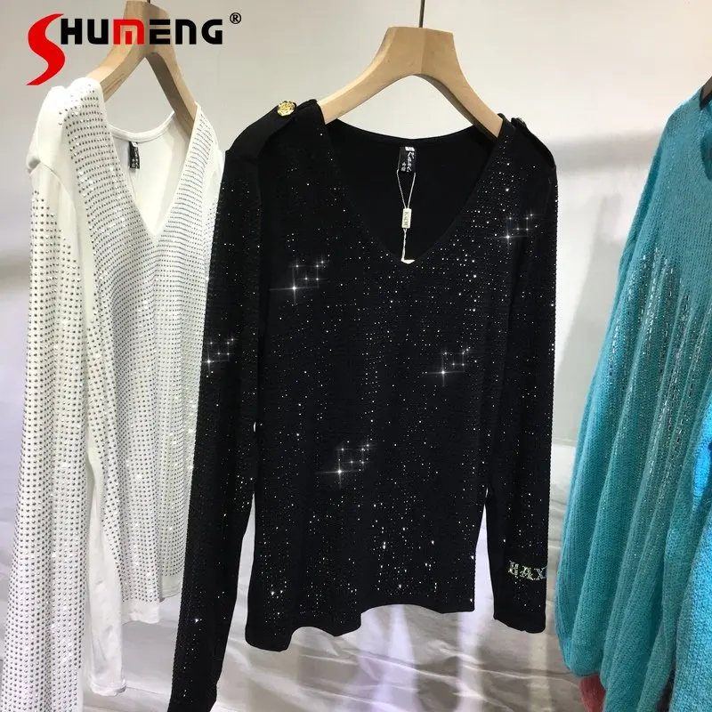 

Heavy Embroidery Hot Drilling Bottoming Shirt Women's Slimming V-neck Tops Long Sleeve All-Match Slim Fit Inner Wear T-Shirt