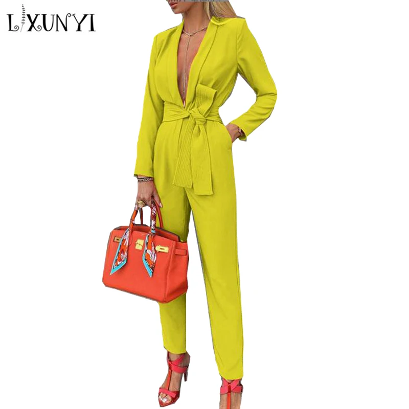 Комбинезон LXUNYI женский с длинным рукавом, повседневный слитный наряд, пикантные облегающие брюки с V-образным вырезом, модные ромперы, весна-осень 2022