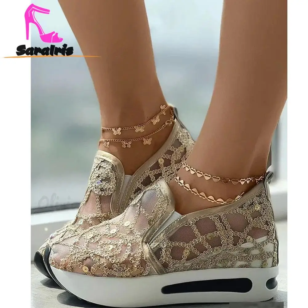 Wedges Women Sneakers Plats Summer 2023 Hot Fashion Flowers Embroidery Mesh Sneakers Women Slip On Comfy Breathable Shoes