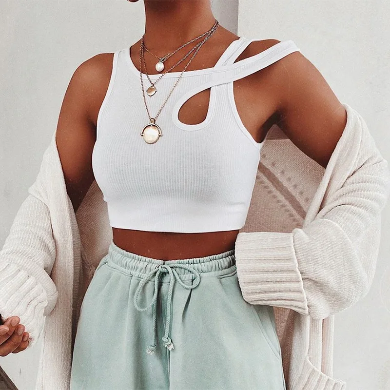

Womens Tank Top White Sleeveless Bandage Hollow Out Ribbed Crop Tops Tees Fashion Fitness Mini Vest Sporting for Summmer
