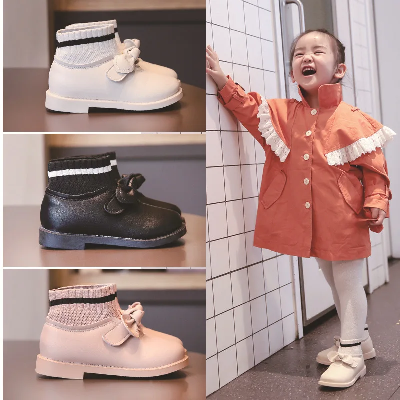 

Little Girl Cute Bow Knot Plush Warm Single Boot Children's Wool Mouth Soft Sole Anti Slip Small Leather Boot