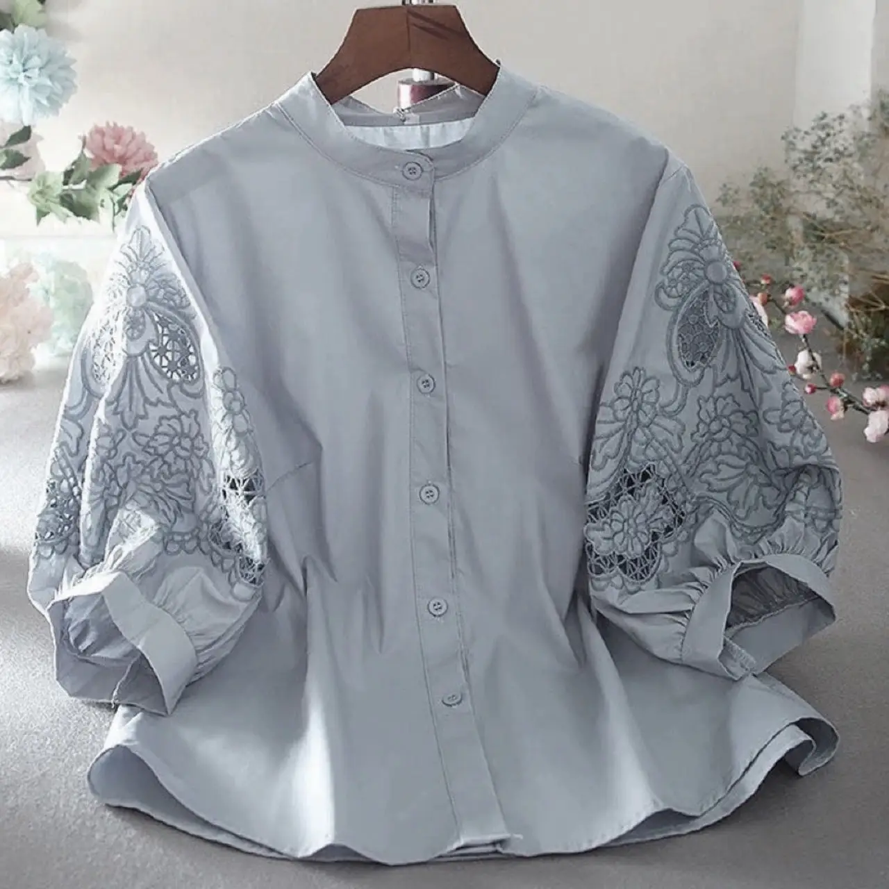 

Cotton Hollow Out Embroidered Shirt for Women's 2023 Summer New Fashion Loose Casual Blouse Stand Up Short Lantern Sleeve Top