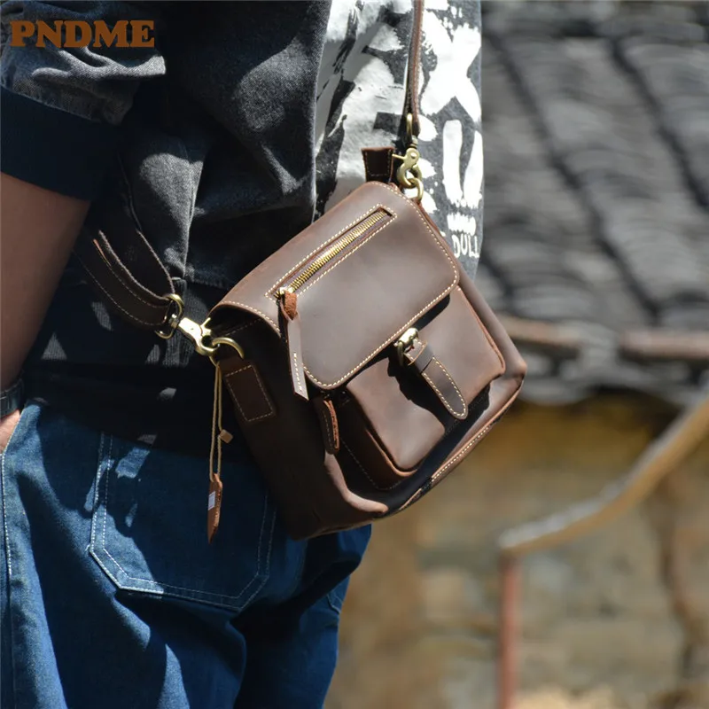 PNDME retro fashion designer crazy horse cowhide men's small shoulder bag everyday outdoor multi-pocket Brown cross-body bag