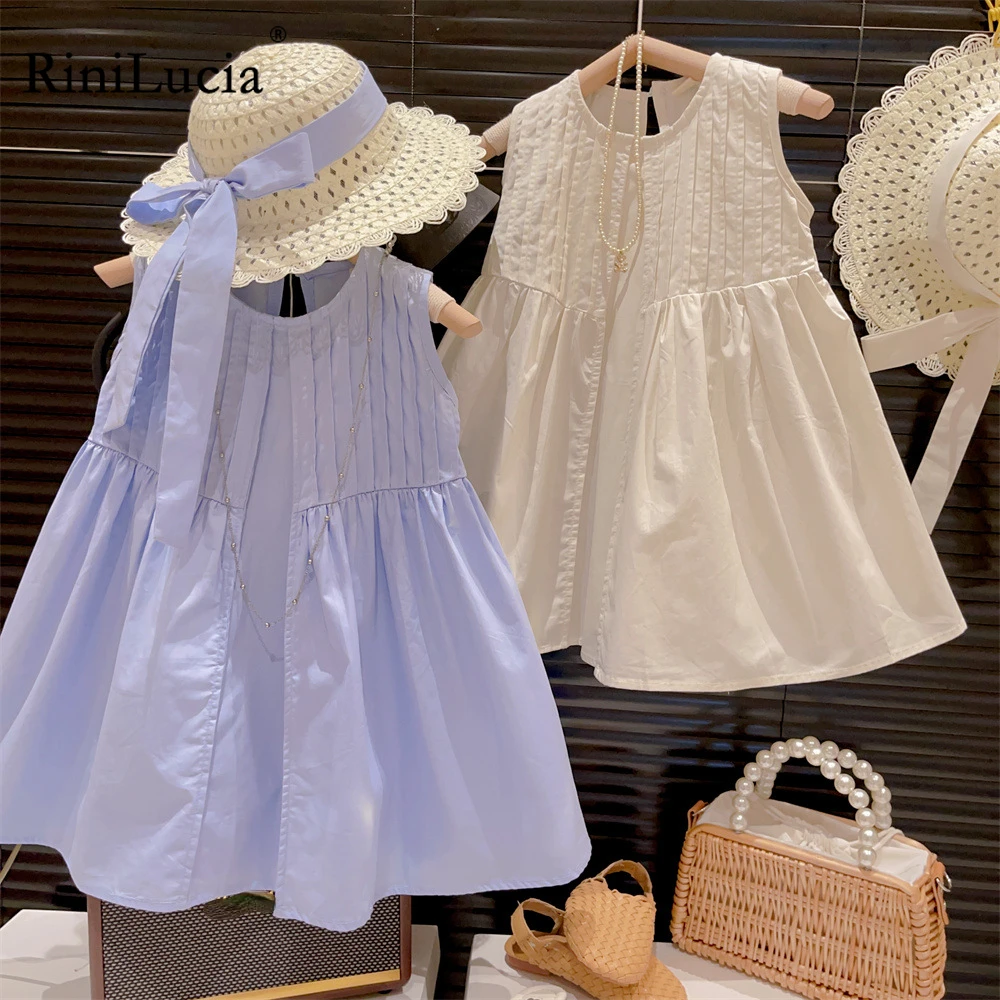 

RiniLucia 2023 Summer Baby Girls Dresses Solid Sleeveless Pleated Girls Dress 2-7 Years Kids Clothing Outfits Sweet Vestidos