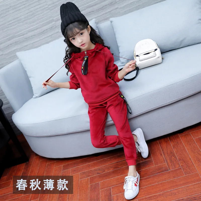 Autumn new girls sports suit gold velvet children's clothing suit baby kids sportswear big girl hoodie shirt + pants suit winter