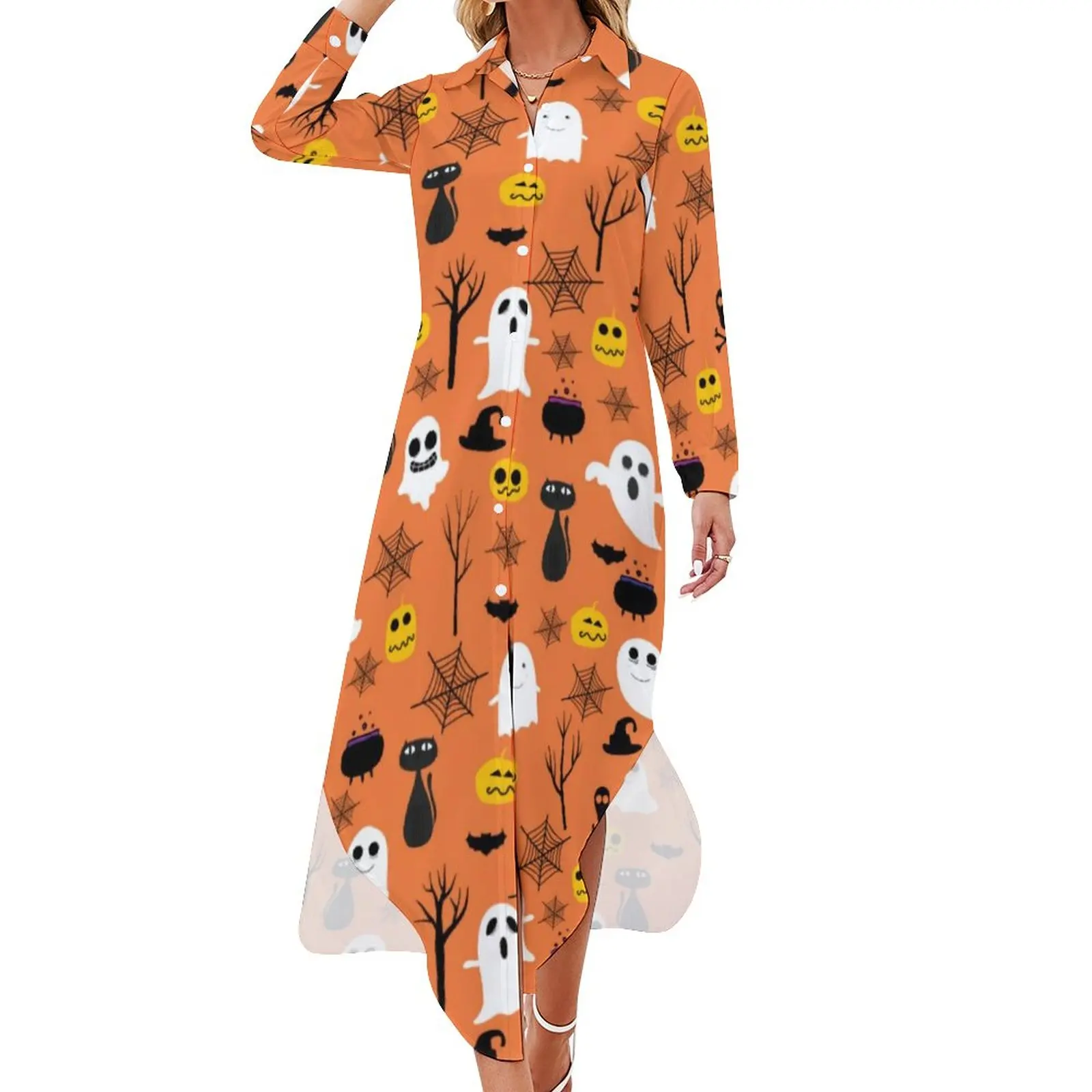 

Повседневное платье для Хэллоуина с принтом призраков и тыкв, шифоновое платье большого размера с длинным рукавом и V-образным вырезом