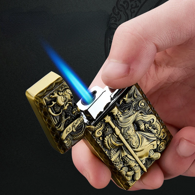 

Metal Relief Pattern Windproof Straight Into Blue Flame Lighter Portable Butane Inflatable Loud Lighter for Men's Smoking Tools