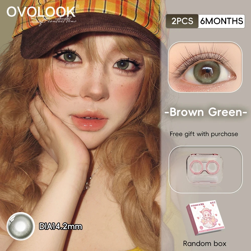 Фото Цветные контактные линзы OVOLOOK, 2 шт., для коррекции близорукости, мягкие линзы, персиково-розовые, серые, натуральные, для увеличения глаз, с бесплатным футляром для линз. №3