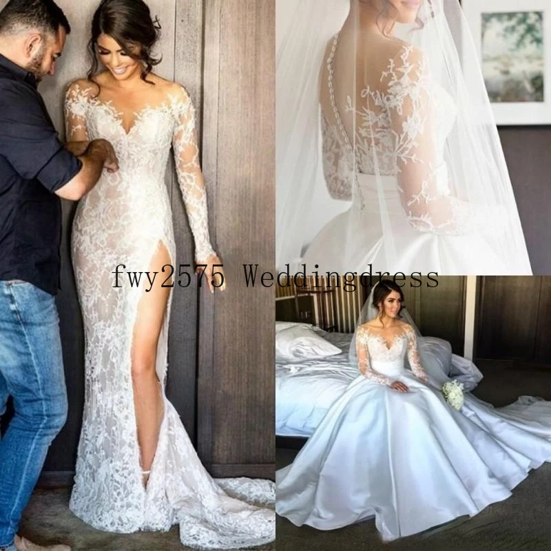 

Lace Mermaid Wedding Dresses With Detachable Skirt Sheer Neck Long Sleeves Sheath High Slit Overskirts Bridal Gowns African