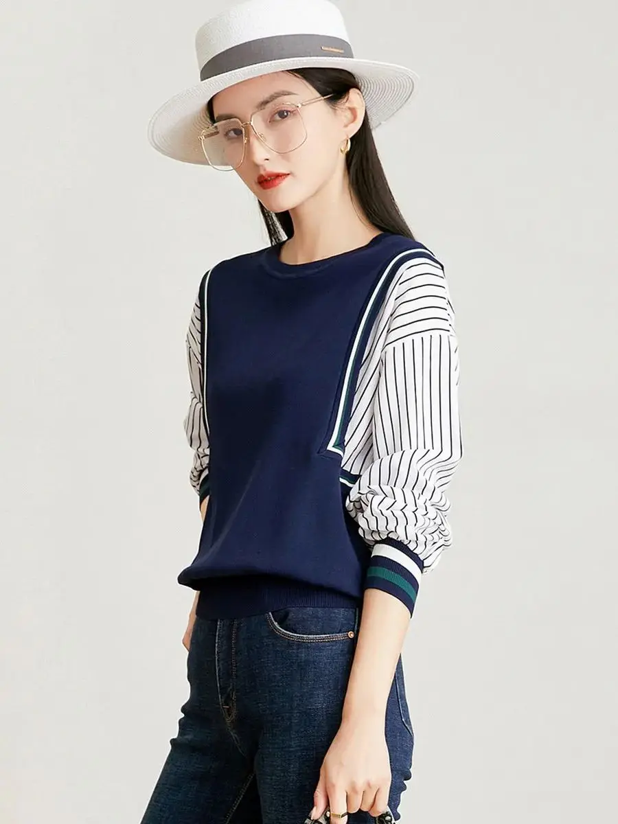 Женский трикотажный пуловер с круглым вырезом и длинным рукавом