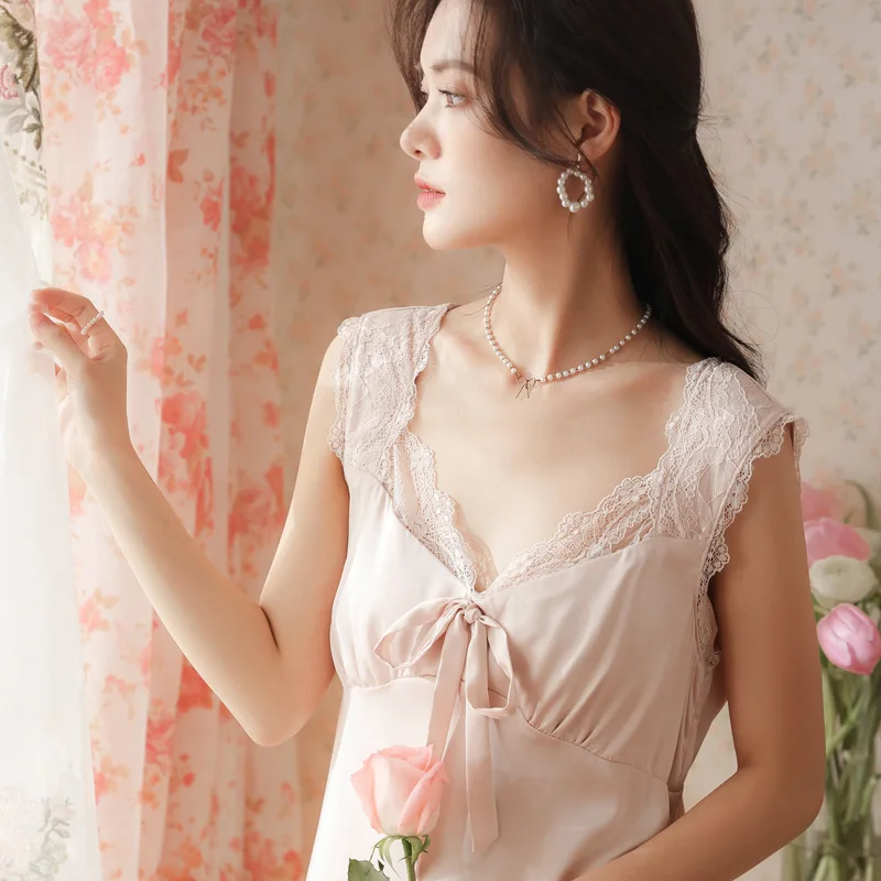 Romantic Satin Nightgown Women Summer Sexy Lace Sleeveless Nighty Peignoir Ice Silk Negligee Long Night Dress Princess Sleepwear