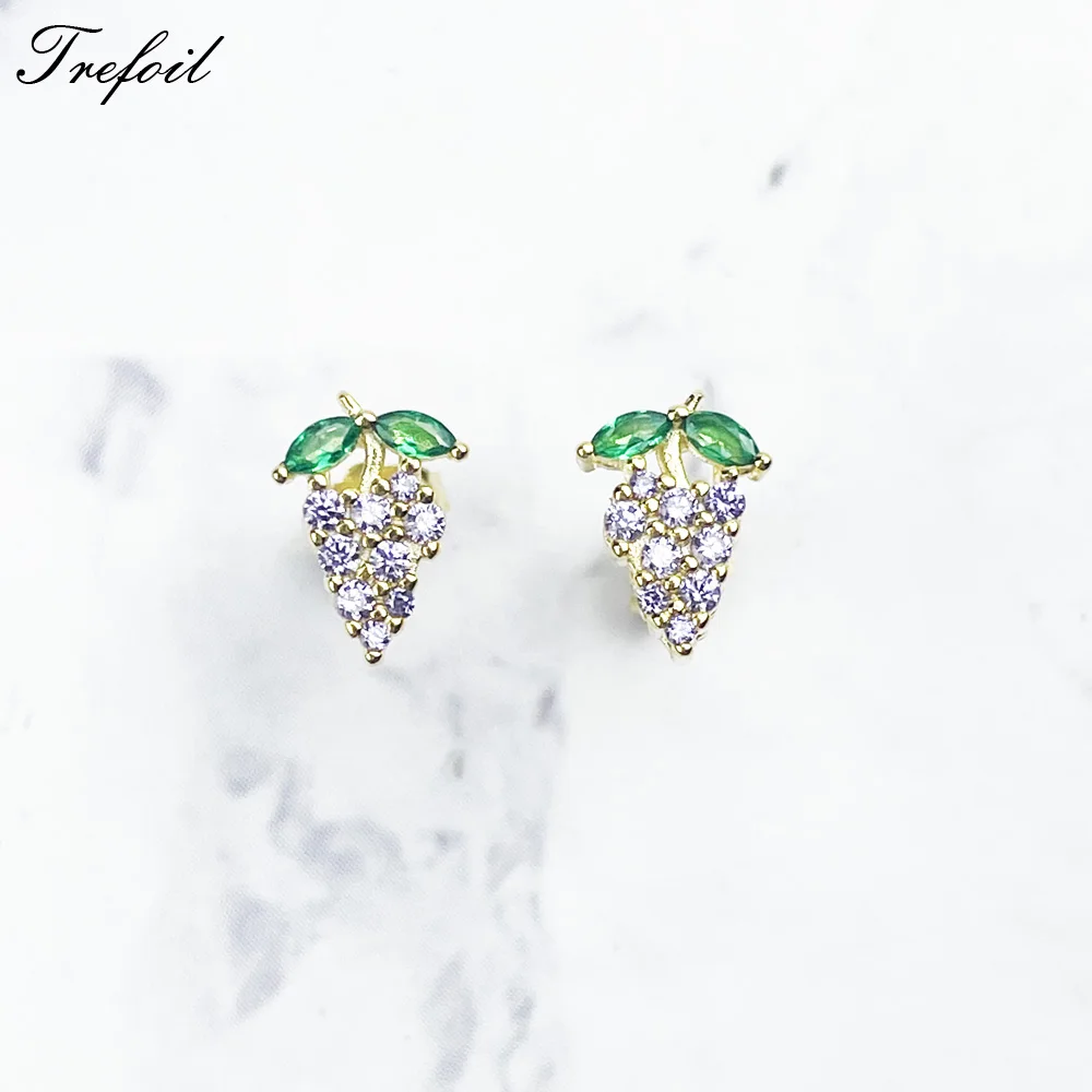 

Ear Stud Grape Golden In 925 Sterling Silver High Quality Zirconia New Fine Jewelry Cute Sweet Stylish Gift For Woman Girls