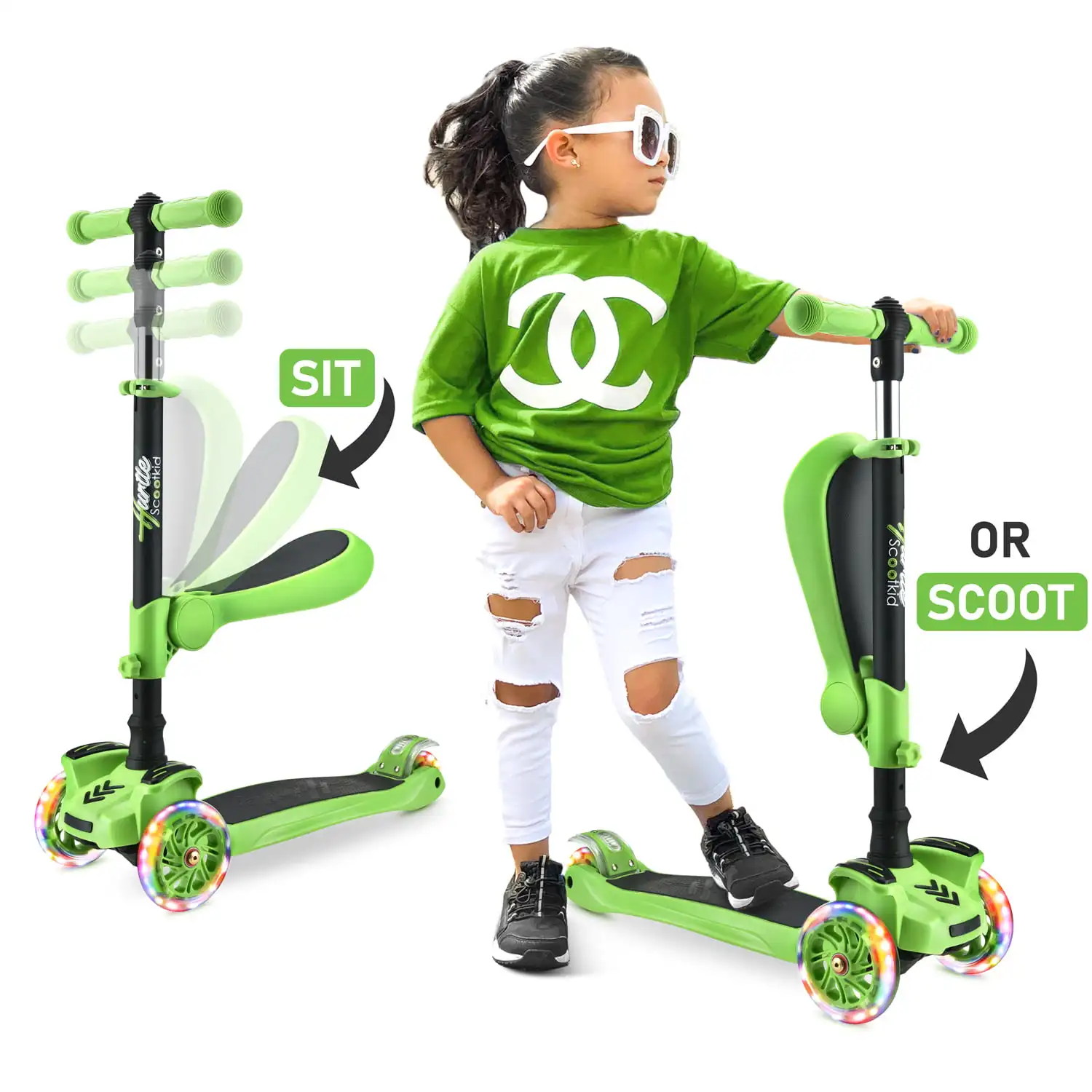 

ScootKid 3-Wheel Kids Scooter - Child & Toddler Toy Scooter with Built-in LED Wheel Lights, Fold-Out Comfort Seat (Ages 1+) Gree