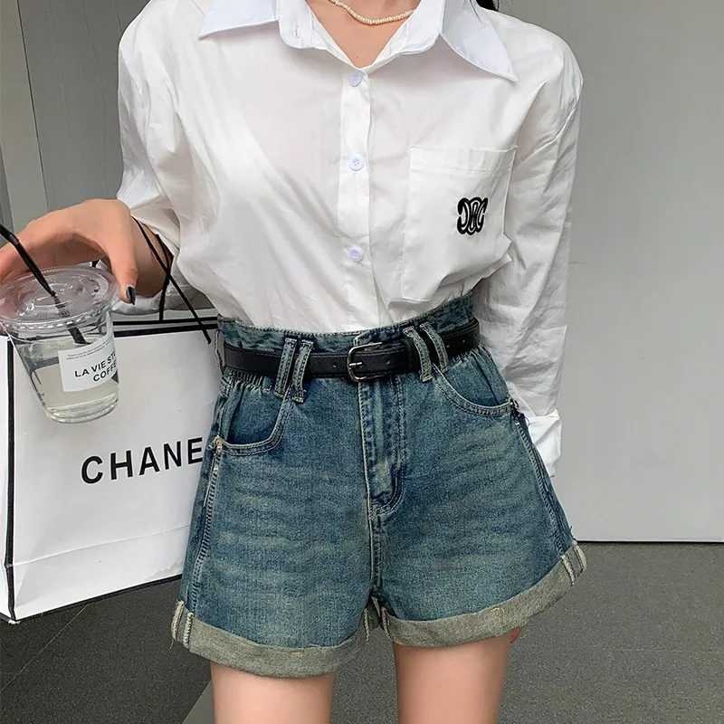 

Y2k Vintage Blue Denim Shorts High Waisted Loose Wide Leg Pants 2023 Summer Fashion Elegant Office Female Commuter Shorts
