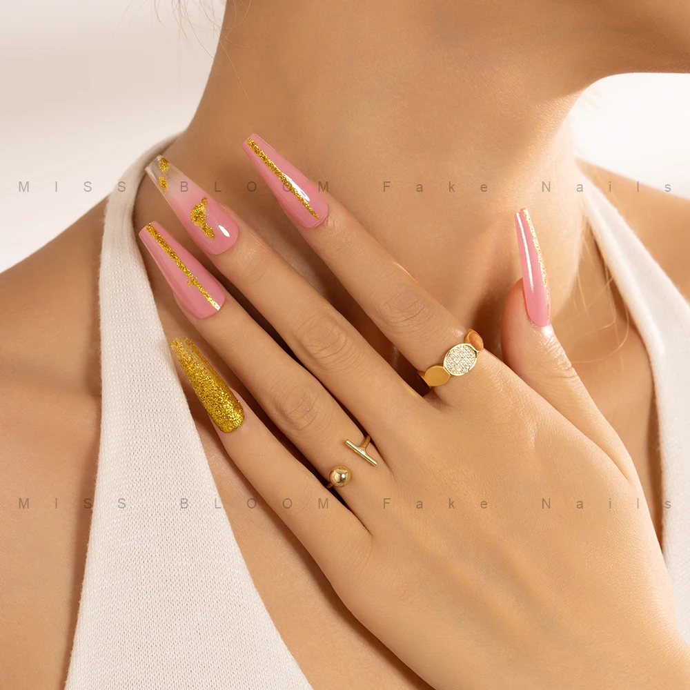 

24pcs/Box Shiny Gold Powder Long Coffin Fake Nails Reusable Design Full Coverage Long Coffin Fake Nails Removable Manicure Tools