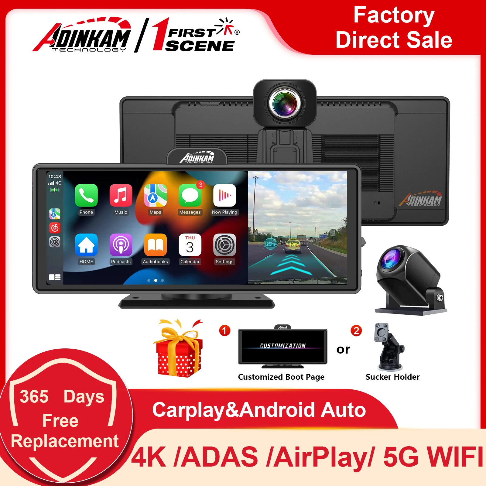 Upgraded! 10.26 Inch 5G WIFI ADAS USB ADINKAM AUX Portable Wireless Carplay Android Auto AirPlay Miracast Dash Cam 4K Dashboard