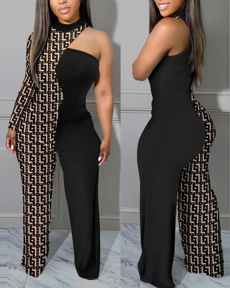 

Autumn Fashion Color Contrast Print Jumpsuit Women Sexy Off Shoulder Single Sleeve Wide Leg Jumpsuit Women