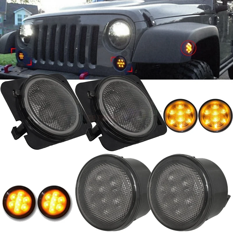 4-светодиодный светильник PièCes + шатер LatéRal Fender Lights Drl Blanc Halo Lentille FuméE для Jeep Wrangler Jk