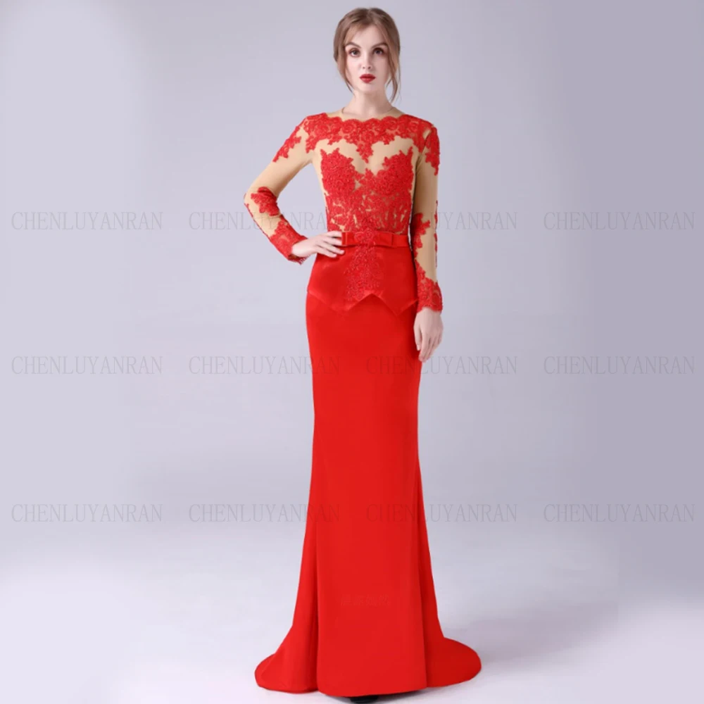 Платье Русалка для матери невесты красное платье с длинными рукавами Эффектное