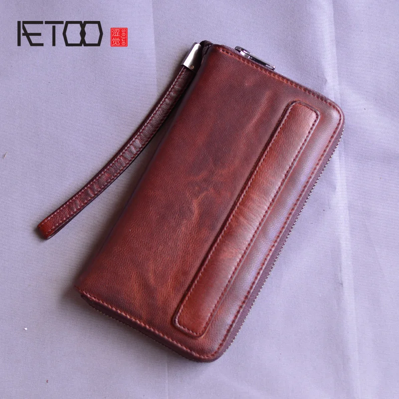 

Мужские кошельки AETOO, Длинный Ретро бумажник на молнии из растительного дубления, модный кожаный бумажник большой вместимости
