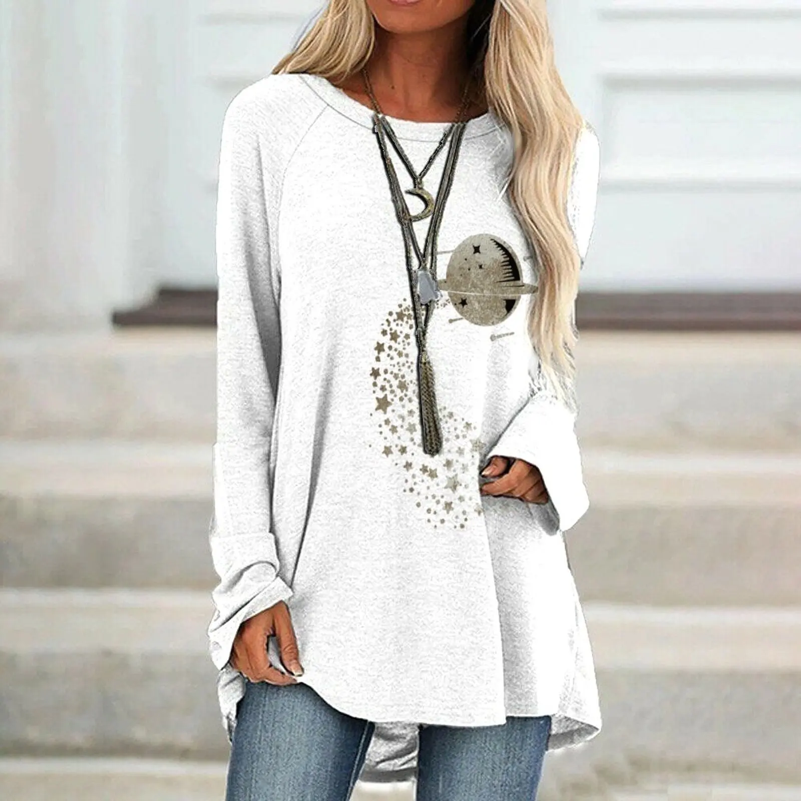 

Interesting women Harajuku shoulder top pullover Long arm print picture Women spring 2022 long sleeve dress