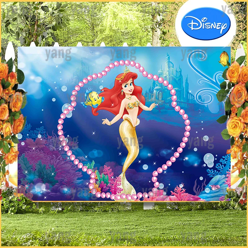 Disney The Little Mermaid Ariel Under Blue Sea Pearl Rings Photo Background Prop Birthday Photography Backdrop Girls Princess