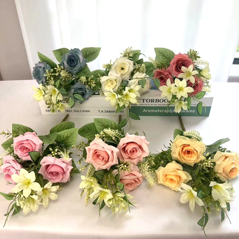

Искусственные цветы, 2 шт., 3-головочные розы, лилия с стеблями, букет для дома, свадебная композиция, свадебное украшение