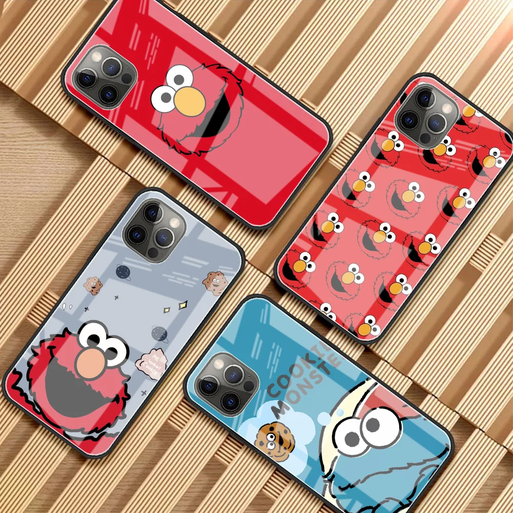 Glass Phone Case for Apple iPhone 13 Pro Max 11 12 Mini 8 7 Plus XR X XS SE 6 6S Antiscratch Funda Cover Sesames Cookie Elmo