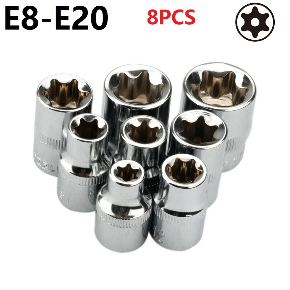 

8pcs*Hex Sockets 3/8 Inch Drive Torx Star Socket Wrench Head E8-E20 Nut Removal Hand Tool E8 E10 E11 E12 E14 E16 E18 E20✅