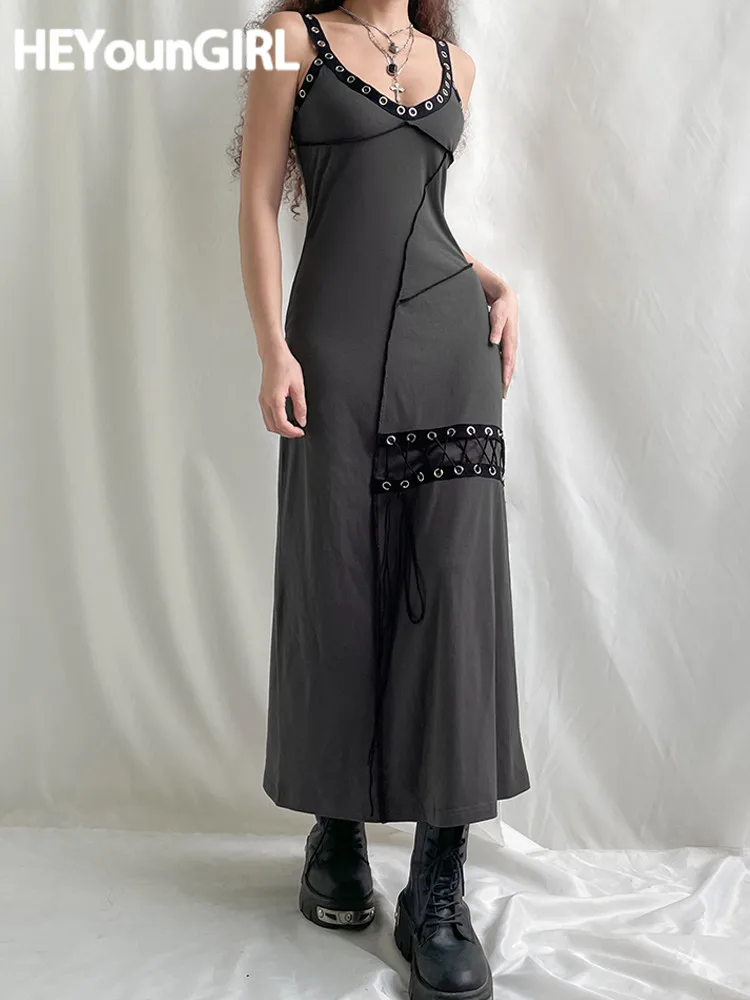 

HEYounGIRL Eyelet Patchwork V Neck Gray Long Dress Women Gothic Summer High Street Lace Up Maxi Dresses Vintage 2000s Outfits