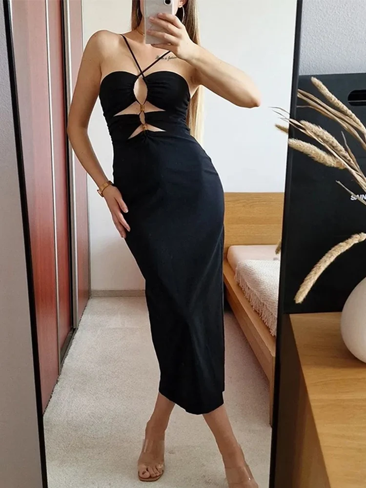 Женское сексуальное ажурное платье на бретельках элегантное однотонное черное