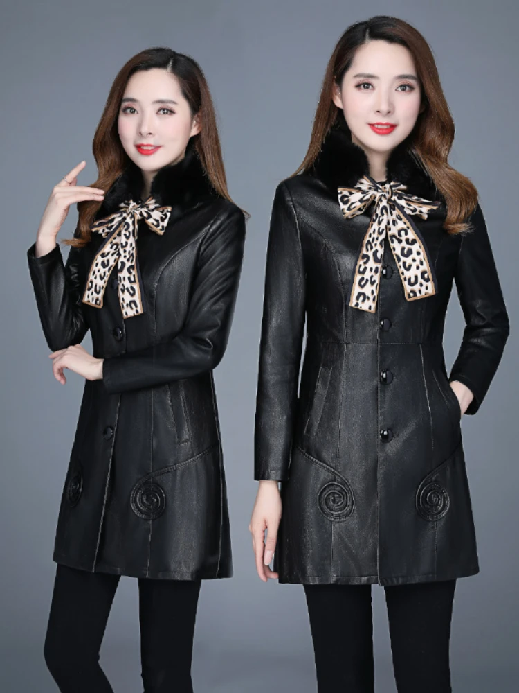 Autumn and Winter 2022 New Women's Leather Garment Korean TMid Length Clothes Erm Lapel Collar Slim PU Leather Windbreaker Coats enlarge