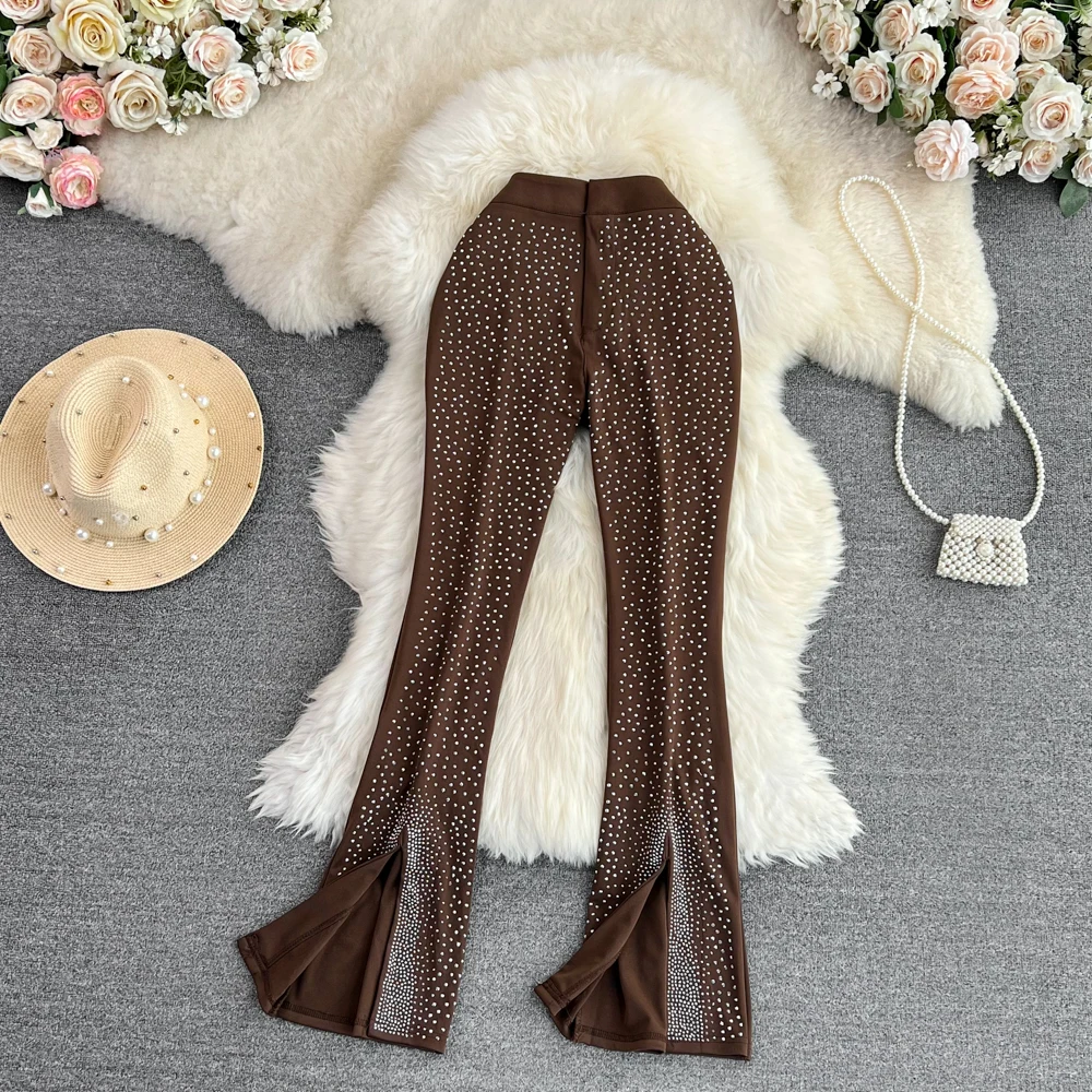 

Europe and the United States Summer New Retro High-waisted Thin Drape Diamond Open Fork Casual Flared Pants