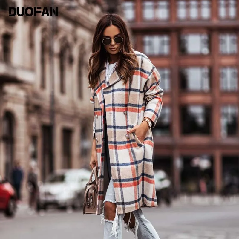 

DUOFAN Women Jacket Long Checkered Color Contrast Lapel Pockets Full Sleeve Single-breasted Coats Fluffy Warm Outerwear Ladies
