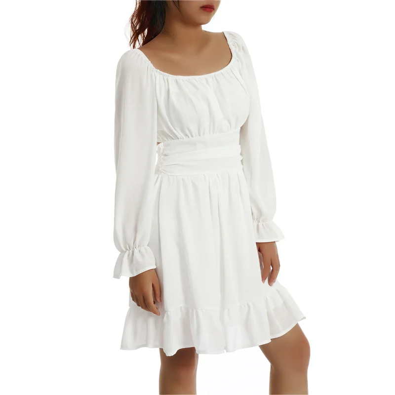 

Women Off-shoulder Dress Adults Tie-up Backless Solid Color/Dot Print Square Collar Lantern Sleeve Onepiece Dress