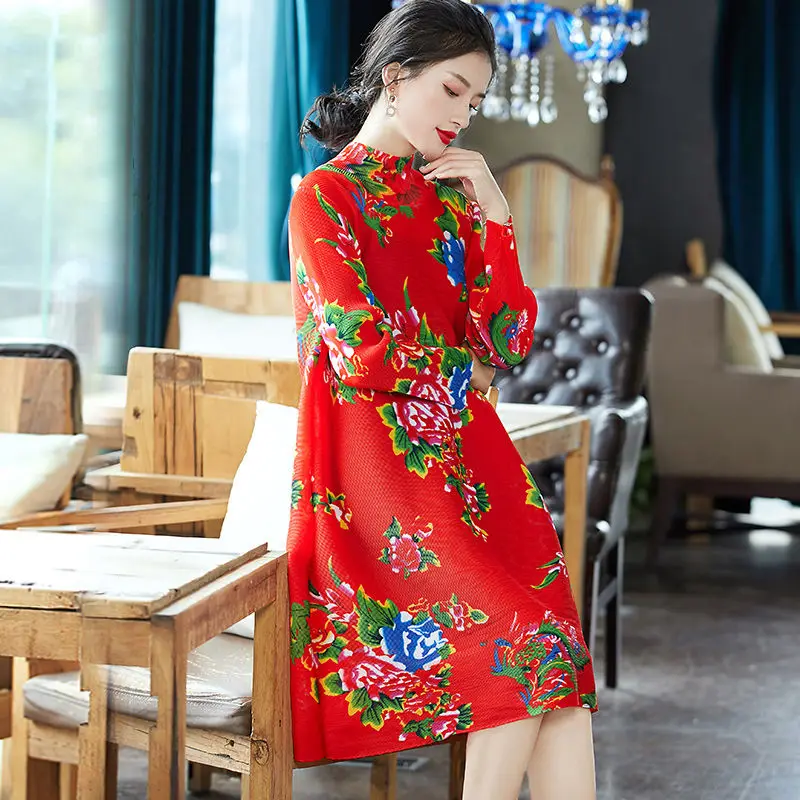 Pleated dress women 2021 spring new national wind high collar printing loose