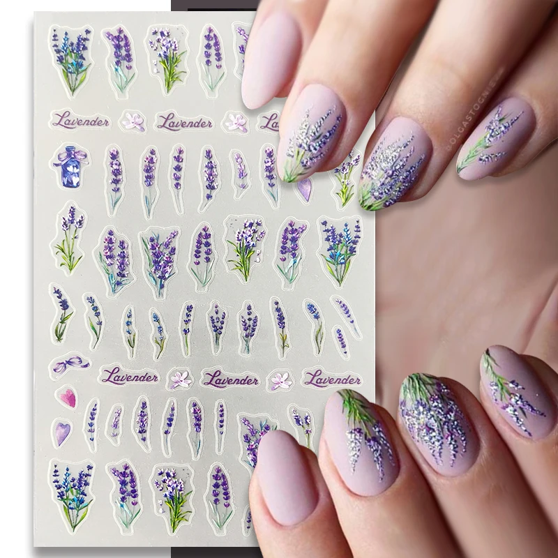 Purple Flower 3D Nail Stickers Green Leaf Floral Cherry Spring Nail Art Water Decals Sliders Manicure Butterfly Nail Tips Decor images - 6