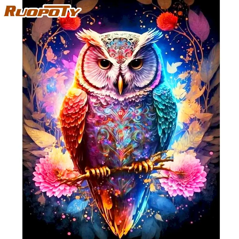 

RUOPOTY Painting By Number For Adults Colorful Owl Animals Drawing On Canvas For Home Decoration Flowers Picture Kits Diy Gift