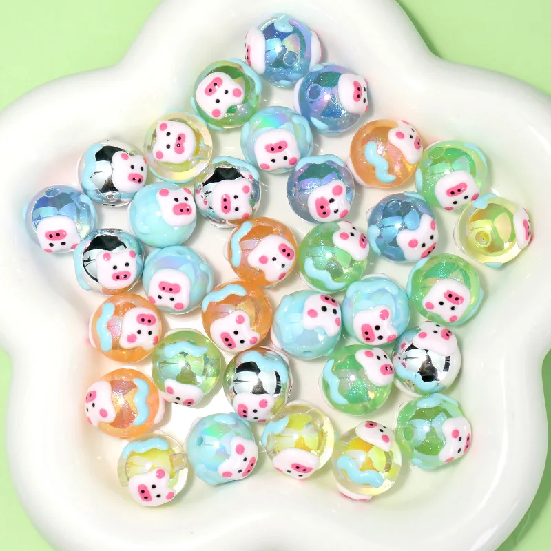 

Newest 40pcs 15*16mm AB Transaprent Colors Acrylic Round Gumball Beads With Oil Drop Hand Painting Cute Animal Pig Necklace DIY