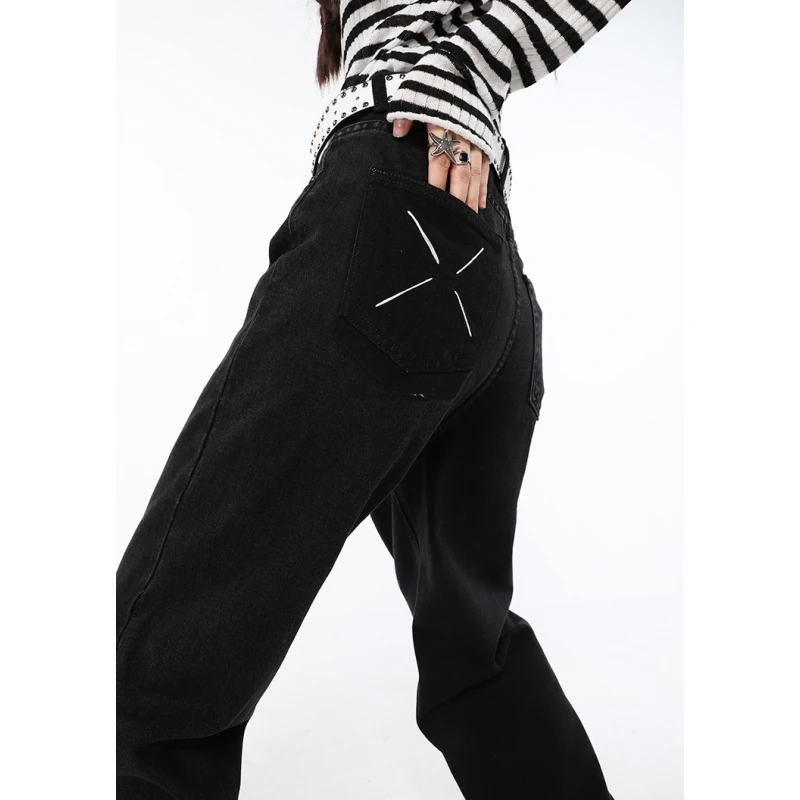 

Black Women Jeans High Waist Vintage Straight Baggy Denim Pants Streetwear Style American Fashion Female Wide Leg Denim Trouser