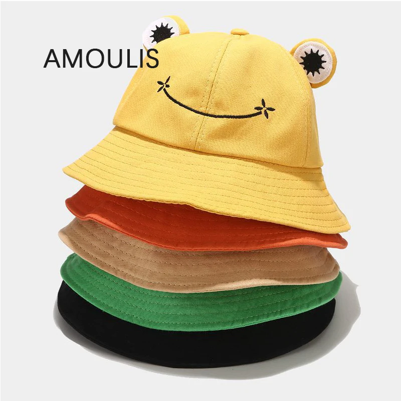 

Летние Панамы AMOULIS для женщин, модная мультяшная Рыбацкая шляпа, милая Кепка лягушки для девочек, повседневные солнцезащитные пляжные кепки...
