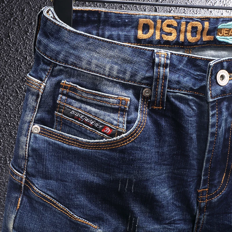 Итальянский стиль модные мужские джинсы потертые синие эластичные облегающие